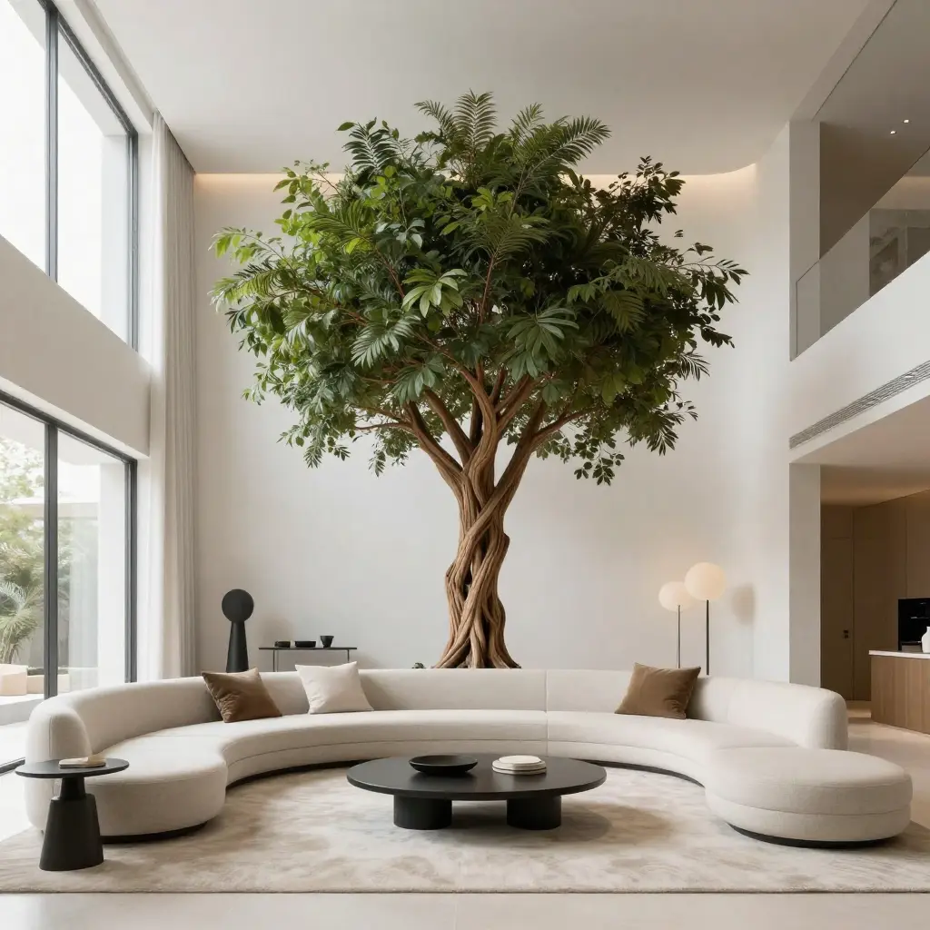 Modern minimalist living room with sculptural indoor tree